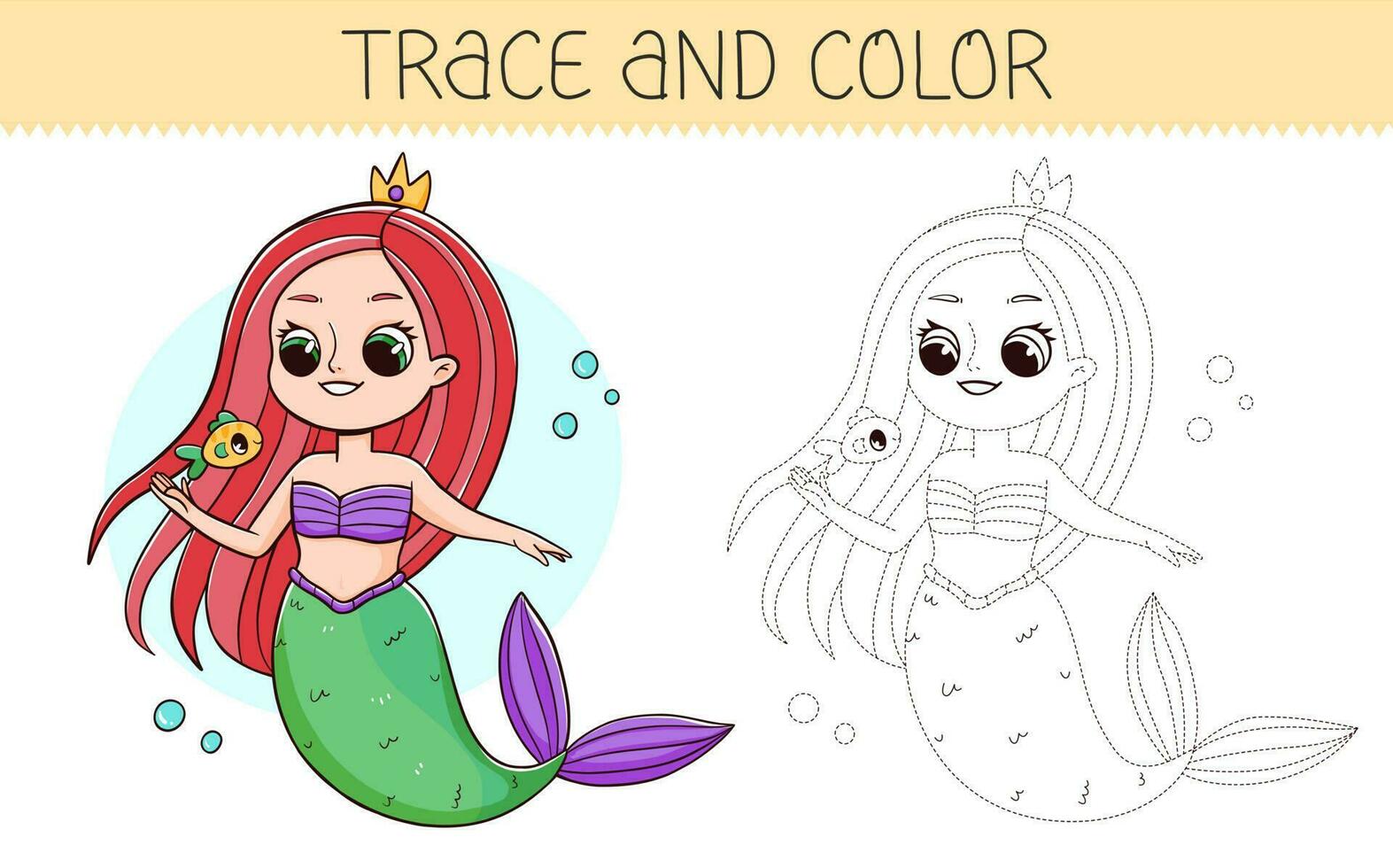 Trace and color coloring book with cute mermaid for kids. Coloring page with cartoon mermaid. Vector illustration.