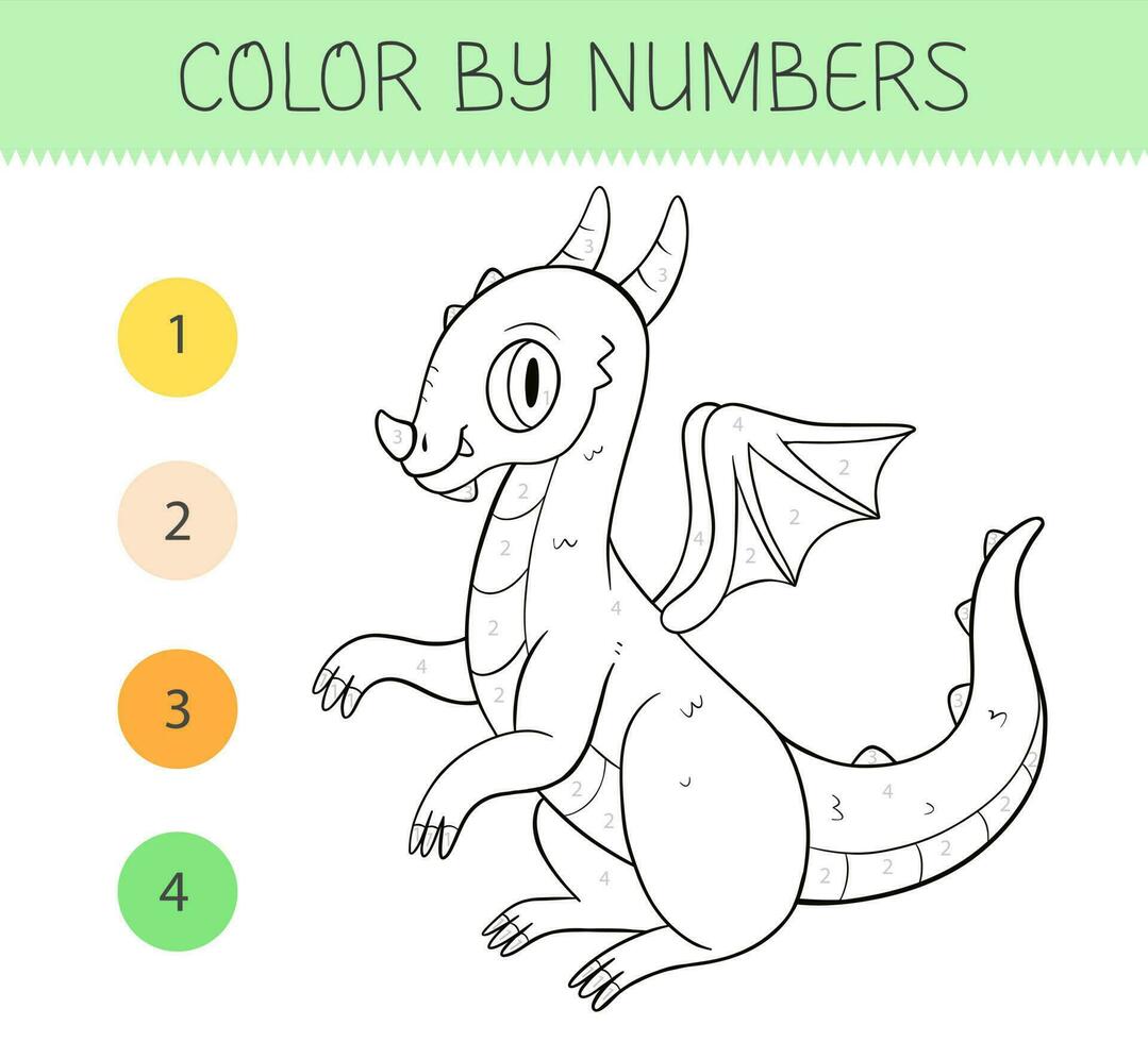 Color by numbers coloring book for kids with cute dragon. Coloring page with cartoon dragon. Monochrome black and white. Vector illustration.