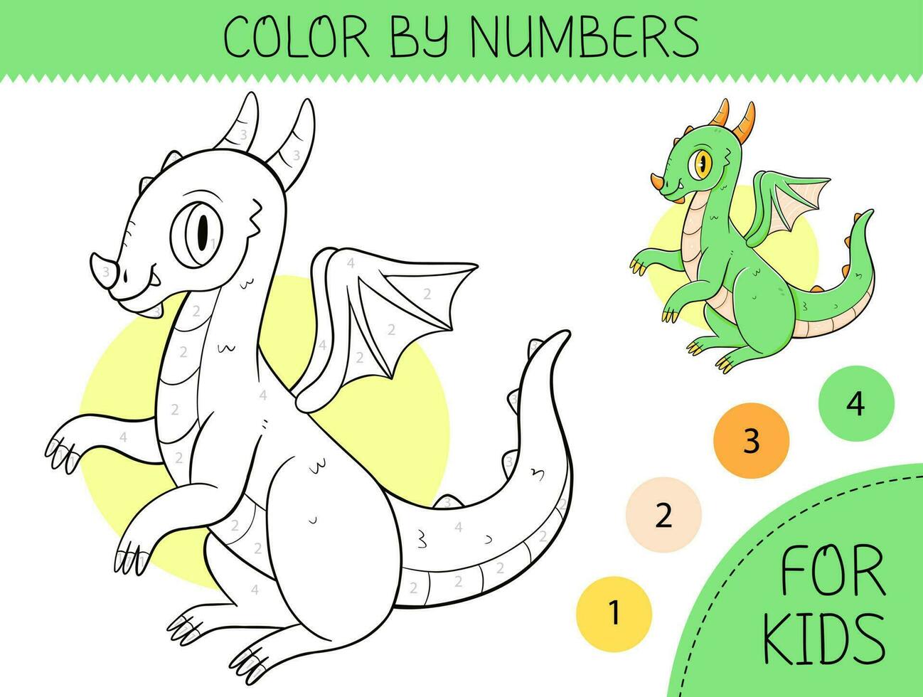 Color by numbers coloring page for kids with cute dragon. Coloring book with cartoon dragon with an example for coloring. Monochrome and color versions. Vector illustration.