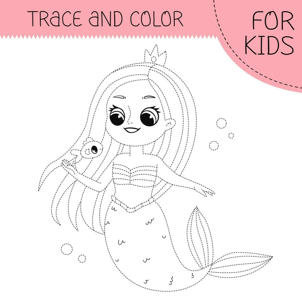 Trace and color coloring book with mermaid for kids. Coloring page with cute cartoon mermaid. Vector square illustration.