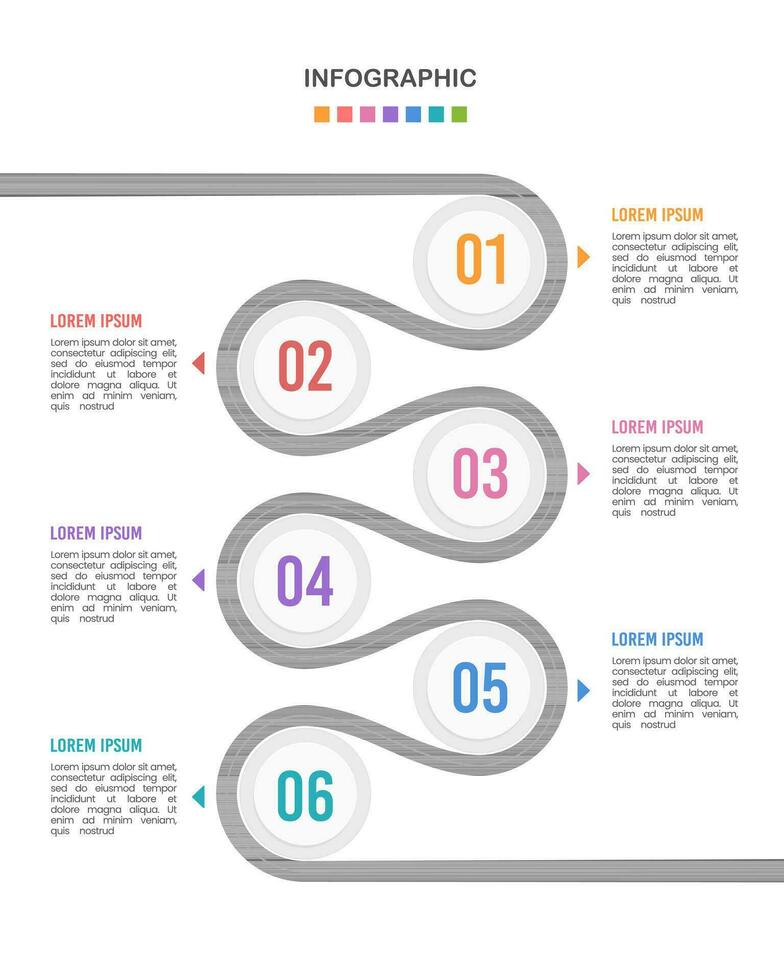Infographic timeline 6 steps to success. Business milestone, roadmap, presentation, marketing. Vector illustration.