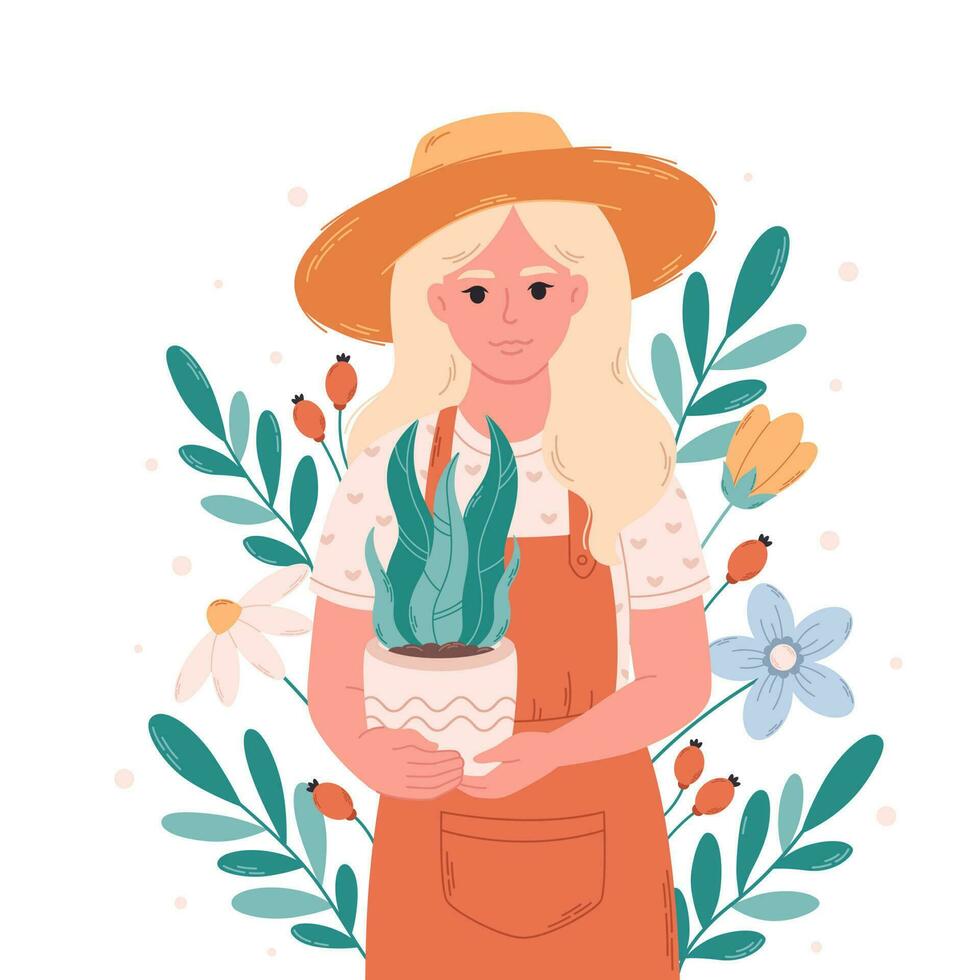 Woman gardener with potted house plant. Gardener, florist, farmer, botanics, seller in a flower shop vector