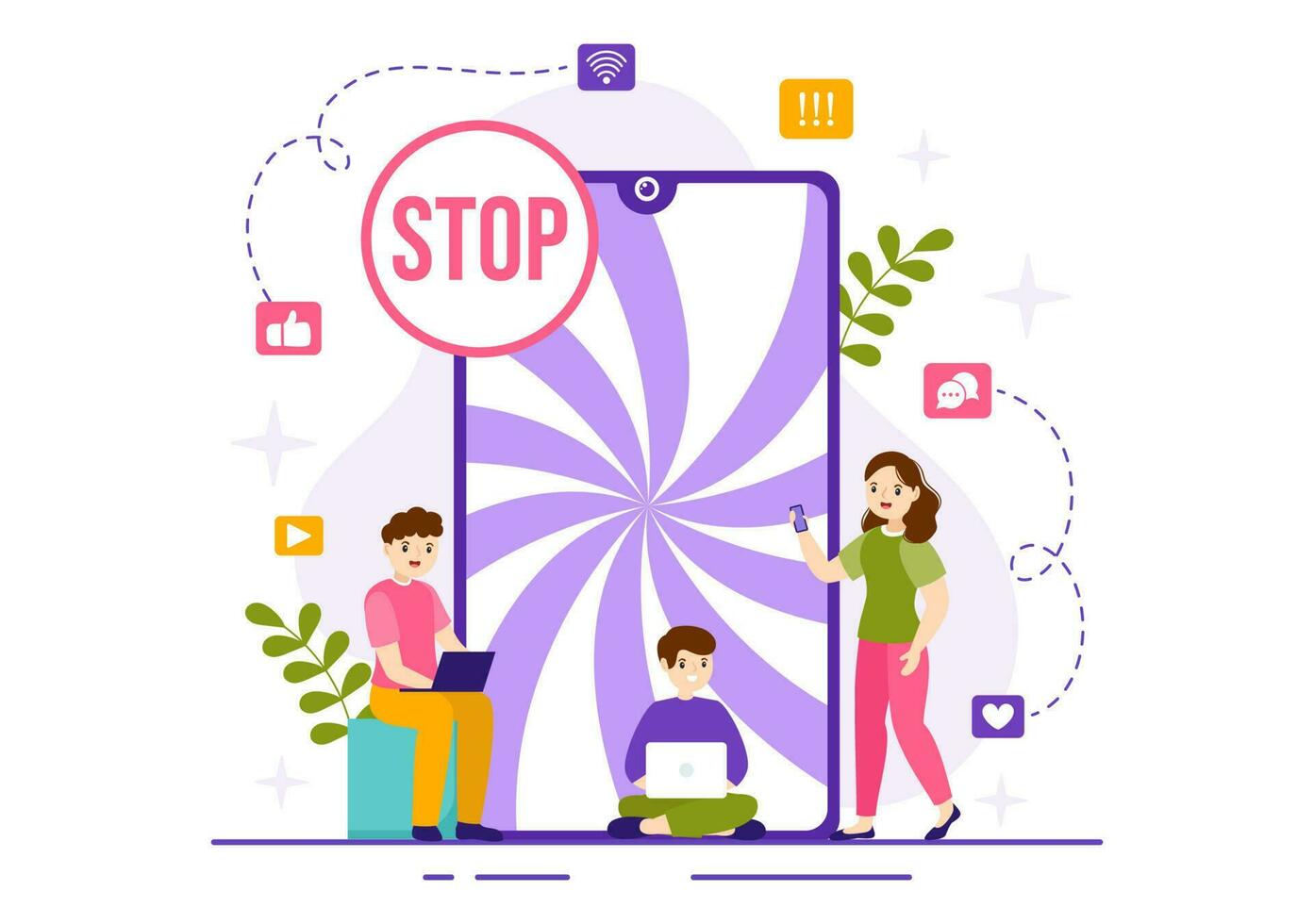 Internet adiccion vector ilustración con joven personas fanático a utilizando dispositivos tal como ordenador portátil o teléfono inteligente en plano dibujos animados mano dibujado plantillas