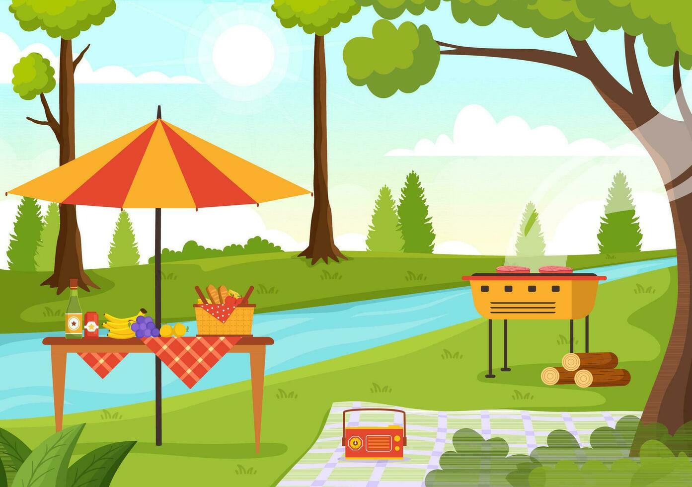 Picnic Outdoors Vector Illustration of People Sitting on a Green Grass in Nature on Summer Holiday Vacations in Flat Cartoon Hand Drawn Templates