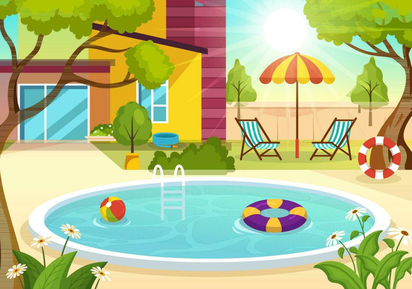 Swimming Pool Vector Illustration with Summer Vacation Landscape Concept and Swim Summer Activity in Flat Cartoon Hand Drawn Background Templates