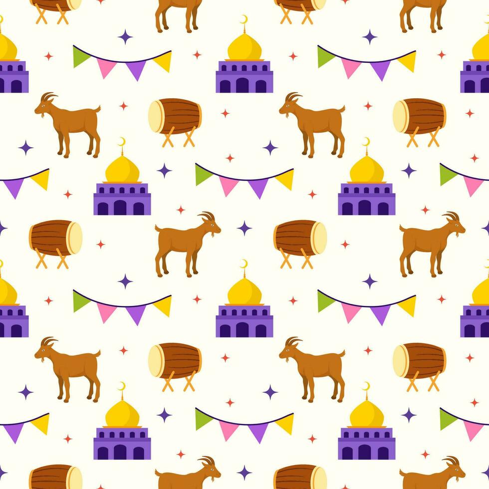 Happy Eid Al Adha Mubarak Seamless Pattern of Muslims Celebration with Sacrificial Animals in Template Hand Drawn Cartoon Flat Illustration vector