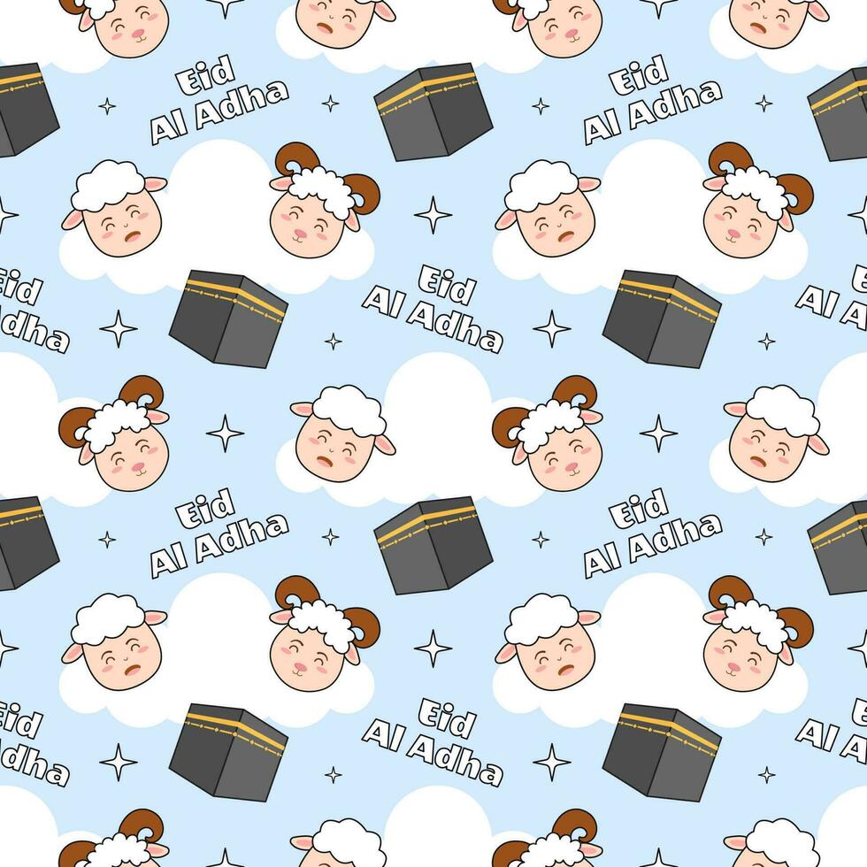 Happy Eid Al Adha Mubarak Seamless Pattern of Muslims Celebration with Sacrificial Animals in Template Hand Drawn Cartoon Flat Illustration vector