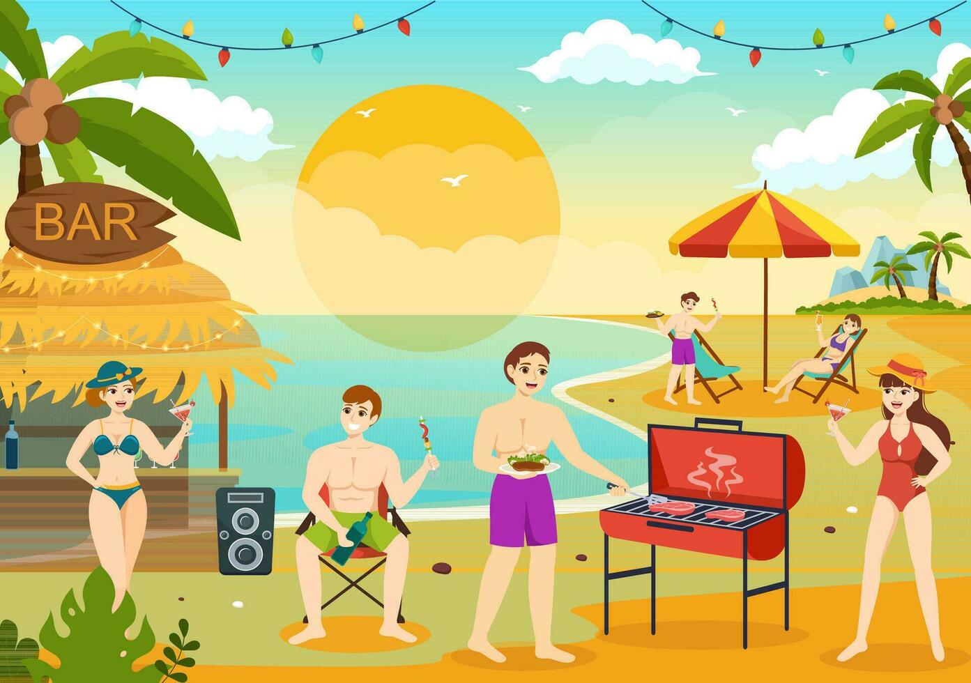 Barbecue and Grill Set Vector Illustration People Grilling or BBQ Party Food at Park in Festival and Summer Cooking Cartoon Hand Drawn Templates