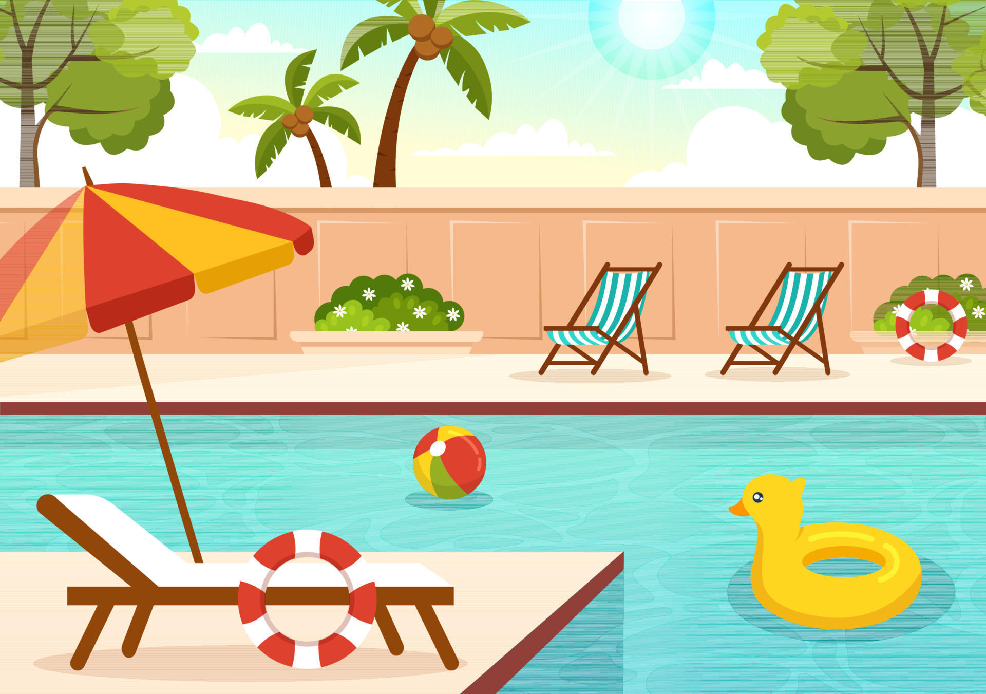 Swimming Pool Vector Illustration with Summer Vacation Landscape ...