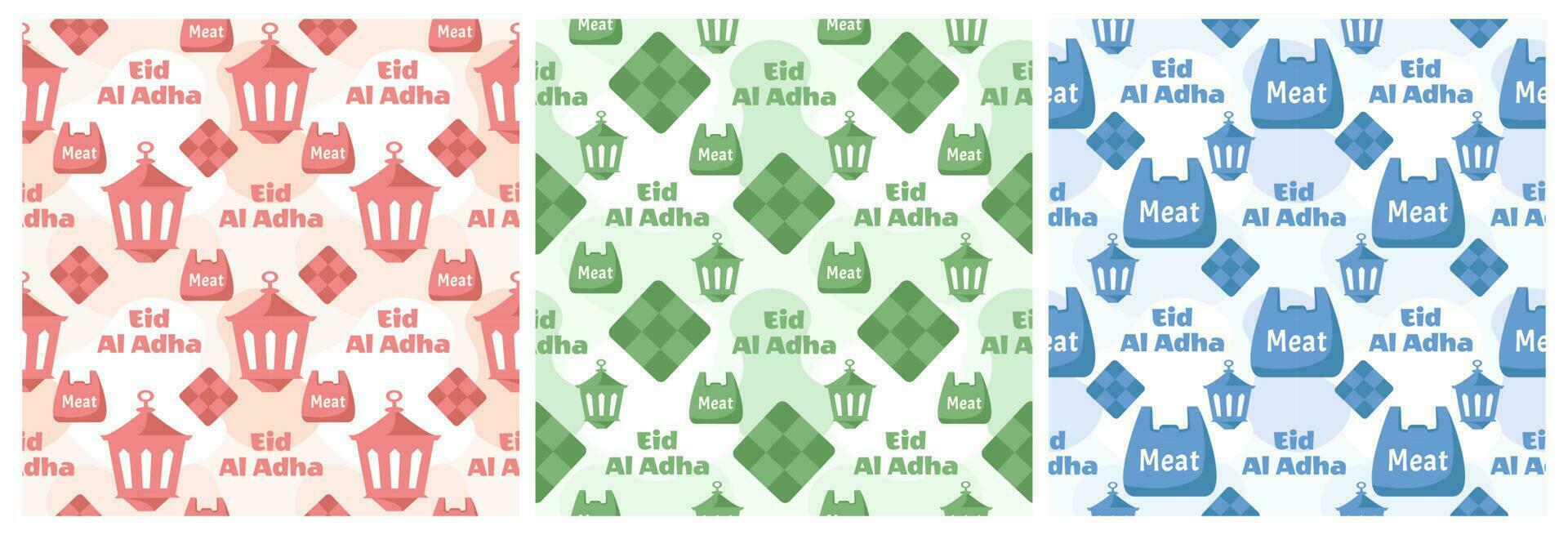 Set of Happy Eid Al Adha Mubarak Seamless Pattern of Muslims Celebration with Sacrificial Animals in Template Hand Drawn Cartoon Flat Illustration vector