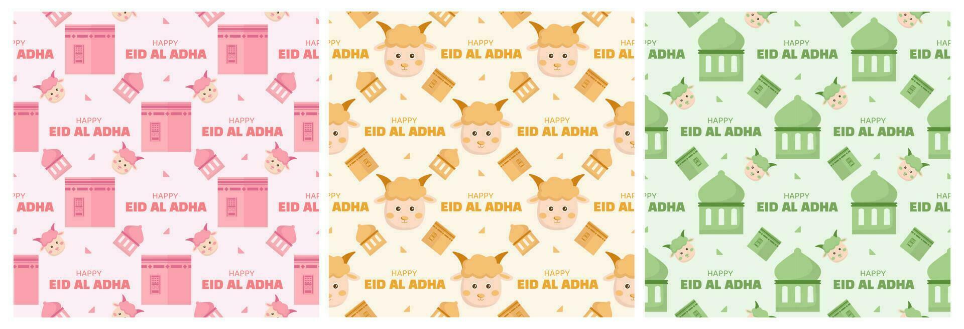 Set of Happy Eid Al Adha Mubarak Seamless Pattern of Muslims Celebration with Sacrificial Animals in Template Hand Drawn Cartoon Flat Illustration vector