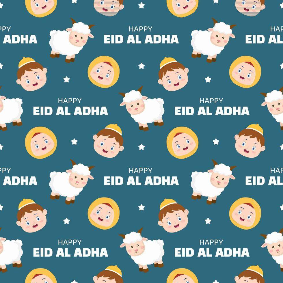 Happy Eid Al Adha Mubarak Seamless Pattern of Muslims Celebration with Sacrificial Animals in Template Hand Drawn Cartoon Flat Illustration vector
