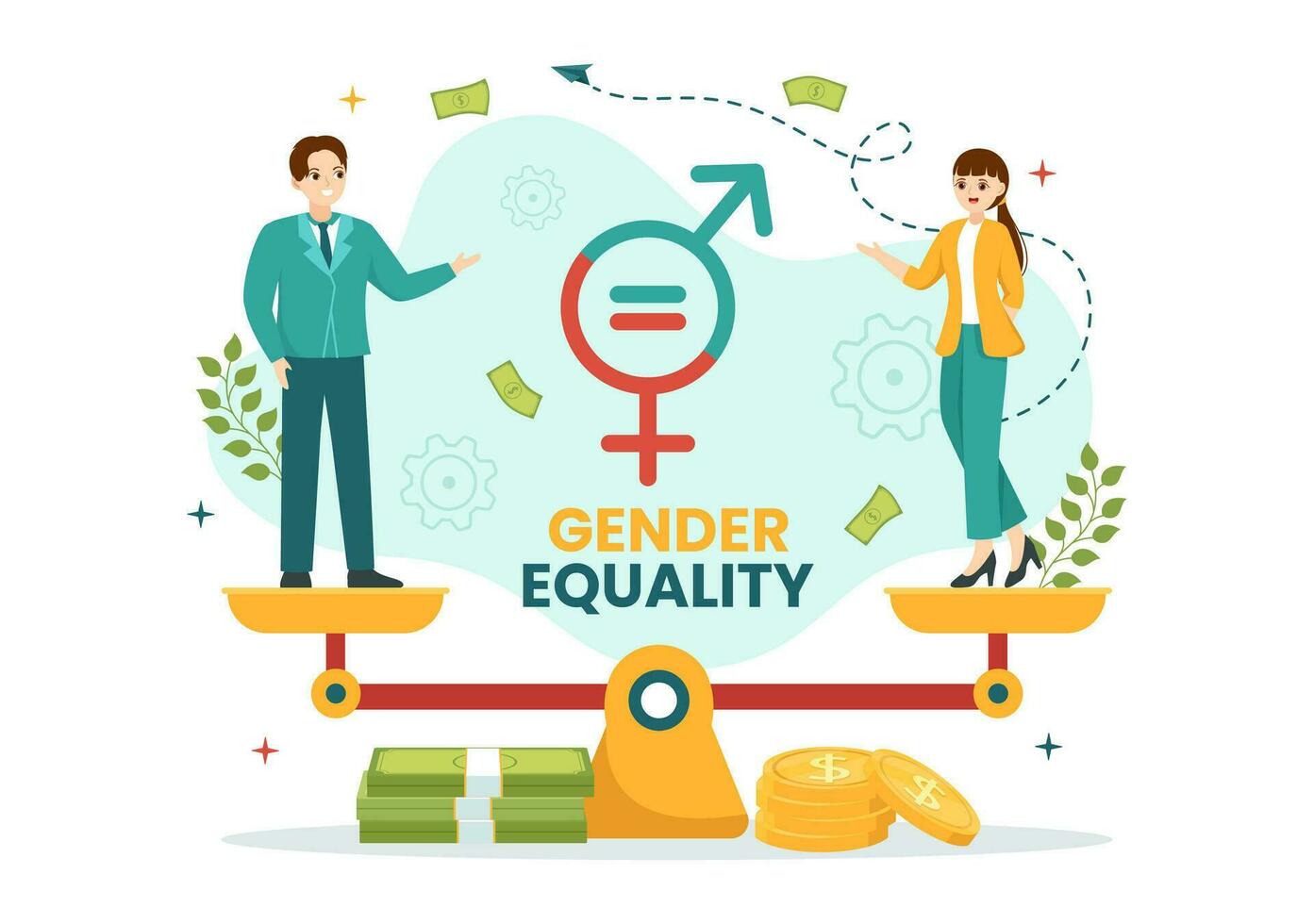 género igualdad vector ilustración con hombres y mujer personaje en el escamas demostración igual equilibrar y mismo oportunidades en mano dibujado plantillas