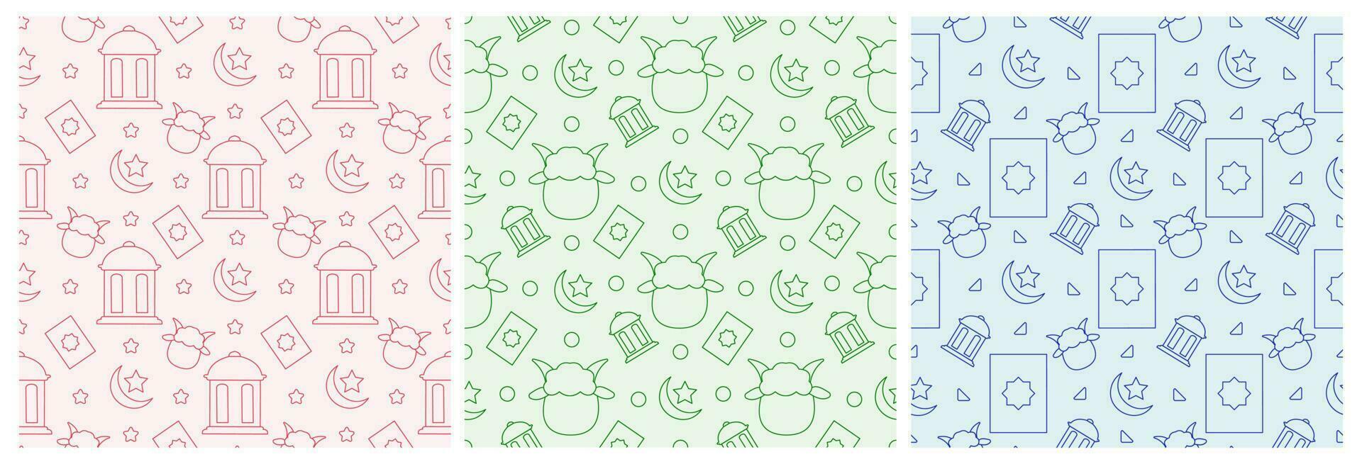 Set of Happy Eid Al Adha Mubarak Seamless Pattern of Muslims Celebration with Sacrificial Animals in Template Hand Drawn Cartoon Flat Illustration vector