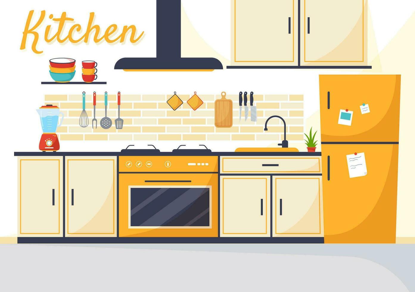 Kitchen Architecture Vector Illustration with Furniture and Interior such as Table, Stove and Fridge in Flat Cartoon Hand Drawn Background Templates