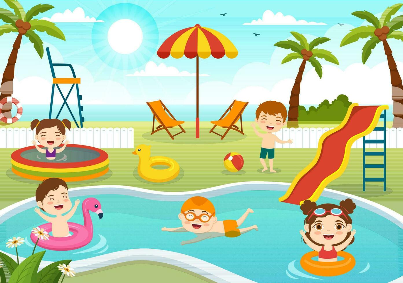 nadando piscina vector ilustración con verano vacaciones paisaje concepto y niños nadar verano actividad en dibujos animados mano dibujado antecedentes plantillas