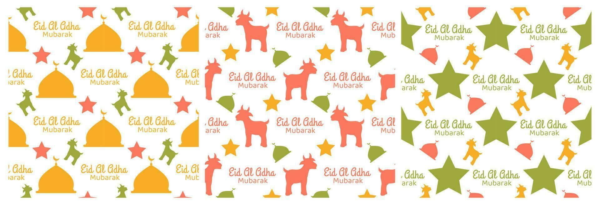 Set of Happy Eid Al Adha Mubarak Seamless Pattern of Muslims Celebration with Sacrificial Animals in Template Hand Drawn Cartoon Flat Illustration vector