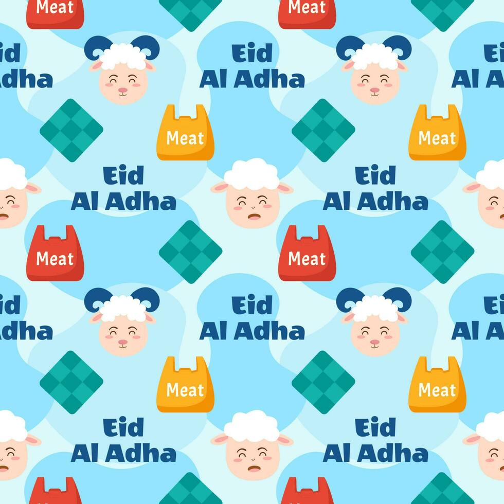 Happy Eid Al Adha Mubarak Seamless Pattern of Muslims Celebration with Sacrificial Animals in Template Hand Drawn Cartoon Flat Illustration vector