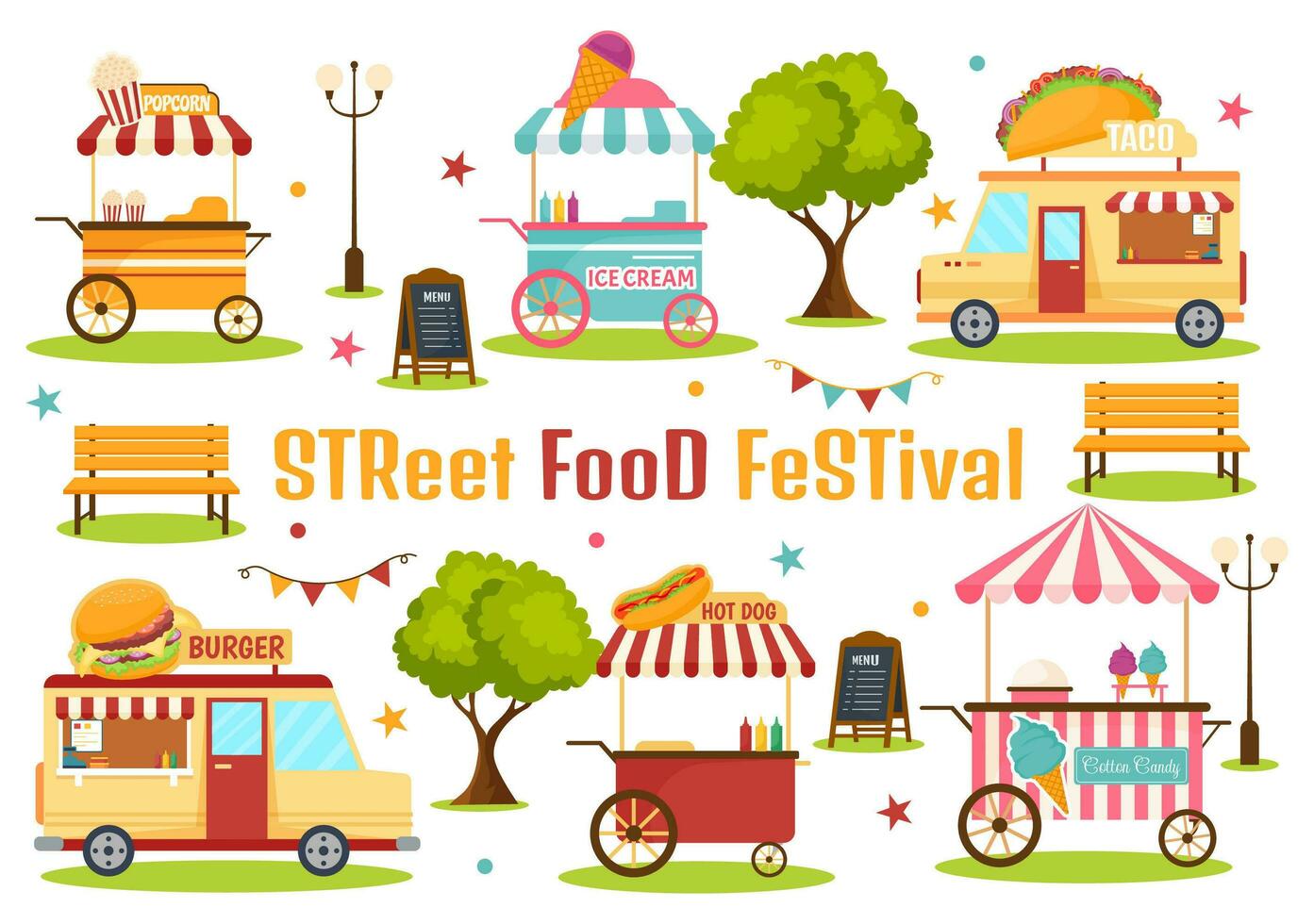 Street Food Festival Event Vector Illustration with People and Foods Trucks in Summer Outdoor City Park in Flat Cartoon Hand Drawn Templates