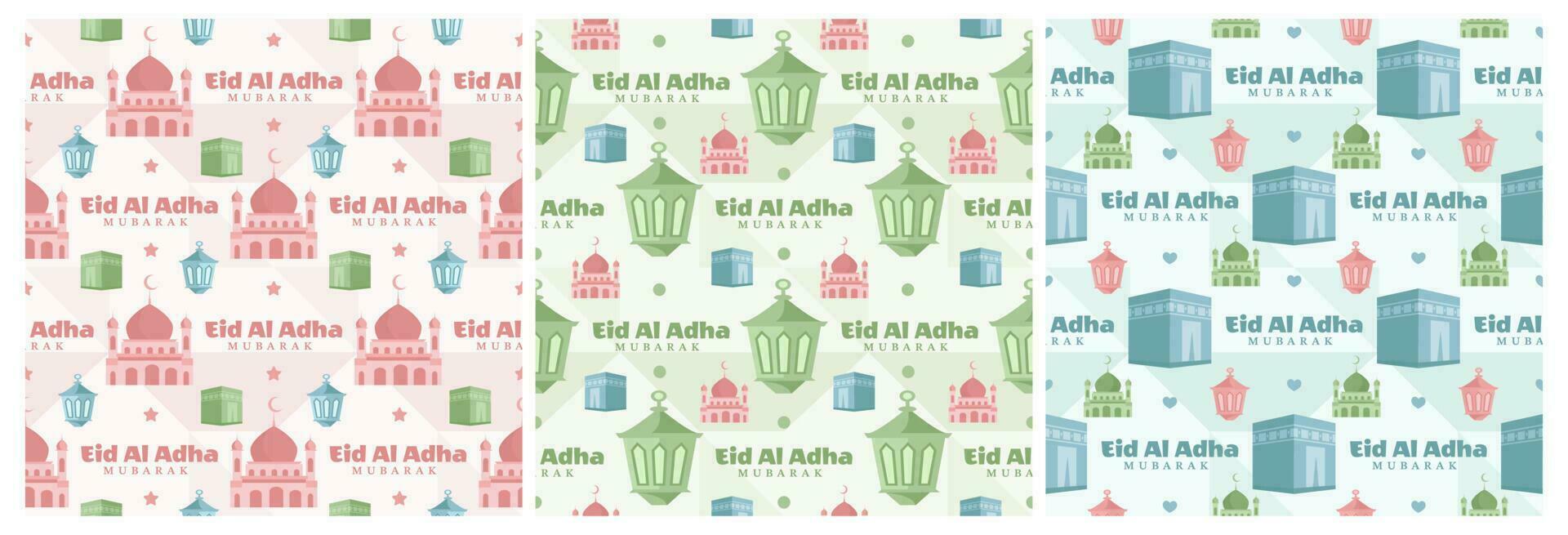 Set of Happy Eid Al Adha Mubarak Seamless Pattern of Muslims Celebration with Sacrificial Animals in Template Hand Drawn Cartoon Flat Illustration vector