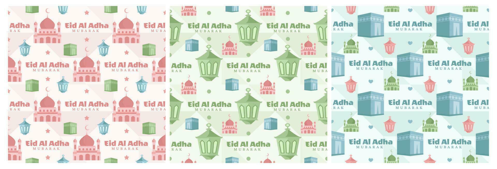 conjunto de contento eid Alabama adha Mubarak sin costura modelo de musulmanes celebracion con sacrificatorio animales en modelo mano dibujado dibujos animados plano ilustración vector