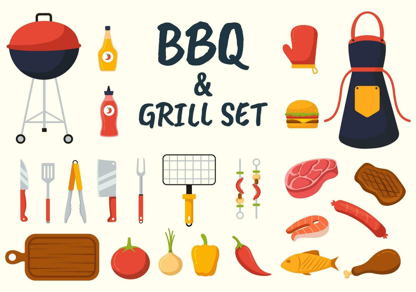 Barbecue and Grill Set Vector Illustration People Grilling or BBQ Party Food at Park in Festival and Summer Cooking Cartoon Hand Drawn Templates