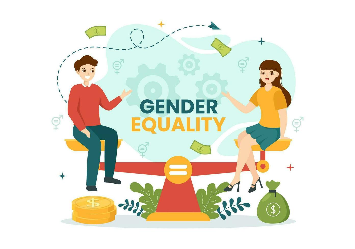 Gender Equality Vector Illustration with Men and Women Character on the Scales Showing Equal Balance and Same Opportunities in Hand Drawn Templates