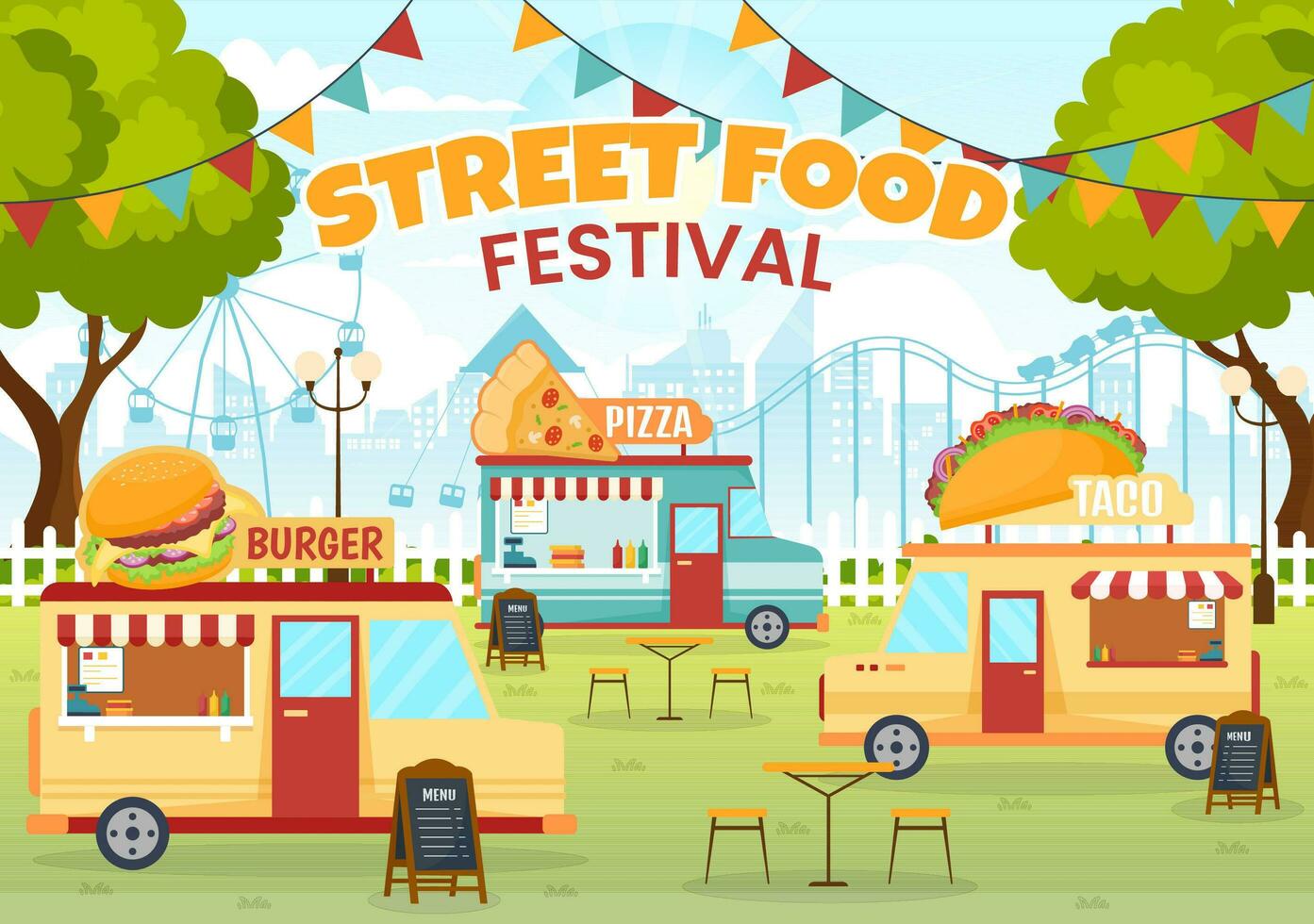 Street Food Festival Event Vector Illustration with People and Foods Trucks in Summer Outdoor City Park in Flat Cartoon Hand Drawn Templates