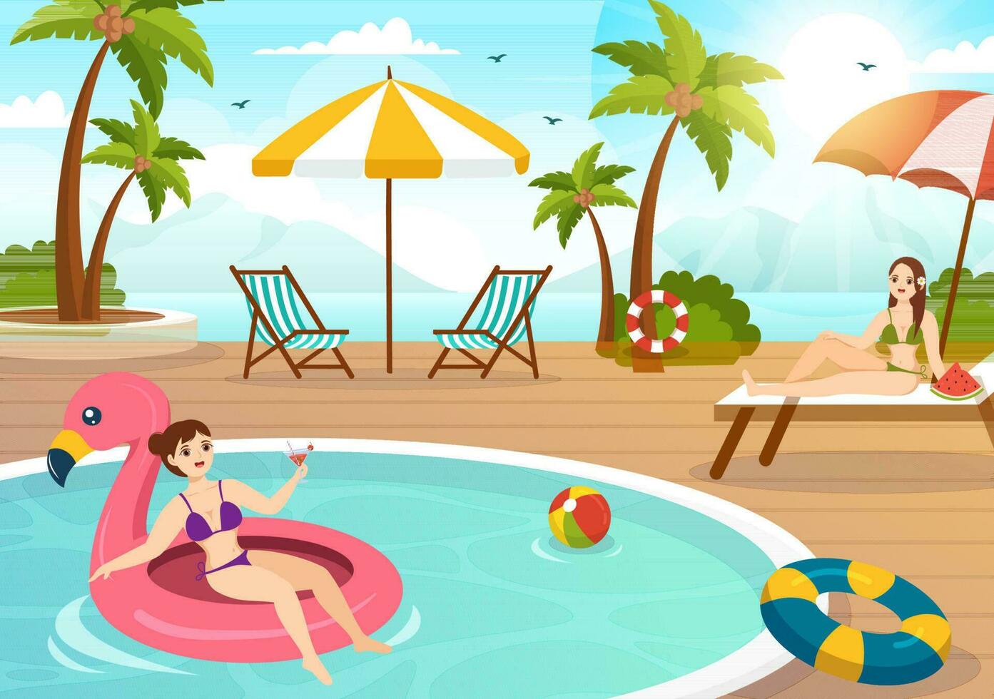 Swimming Pool Vector Illustration with Summer Vacation Landscape Concept and Swim Summer Activity in Flat Cartoon Hand Drawn Background Templates