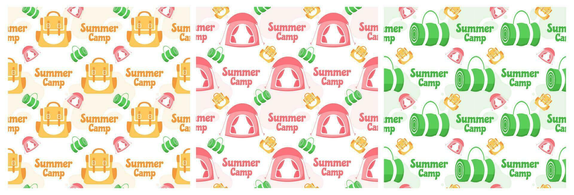 Set of Summer Camp Seamless Pattern Design of Camping and Traveling in Template Hand Drawn Cartoon Flat Illustration vector