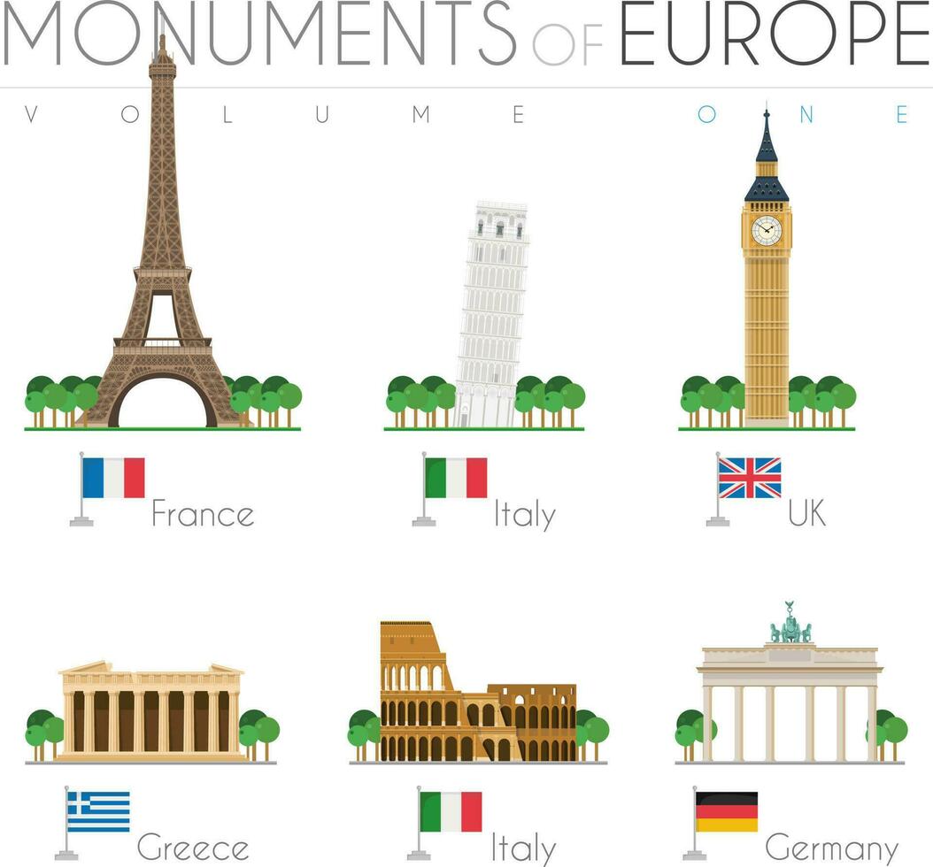 Monuments of Europe in cartoon style Volume 1. Eiffel Tower -France, Pisa Leaning Tower -Italy, Big Ben -UK, Parthenon -Greece, Colosseum -Italy, and Brandenburg Gate -Germany. Vector illustration
