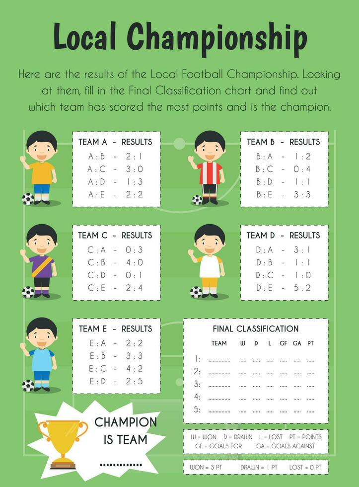 Local championship Educational Sheet. Primary module for Numerical Ability. 5-6 years old. Educational Sheets Series vector