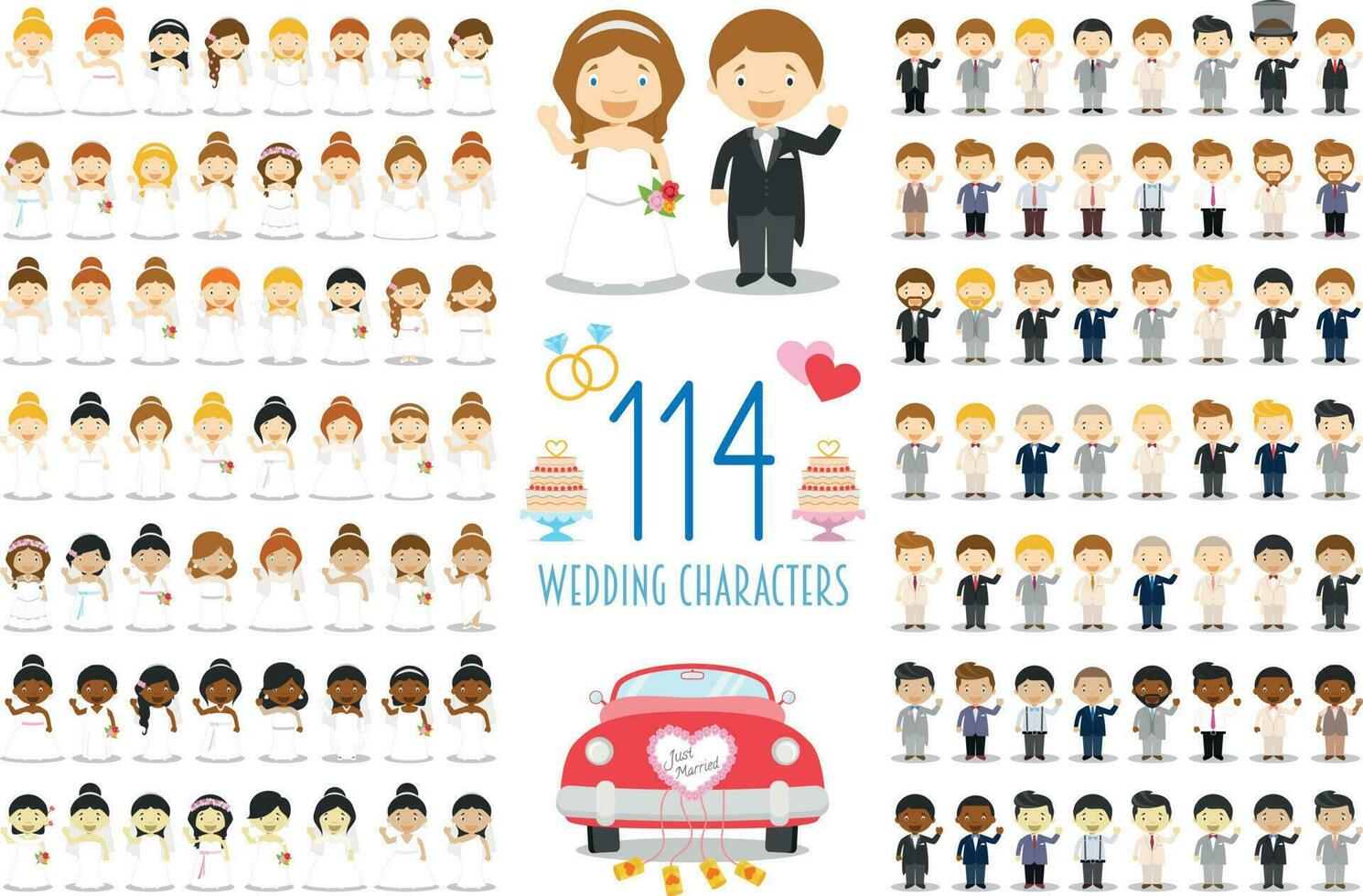 Set of 114 wedding characters and nuptial icons in cartoon style vector