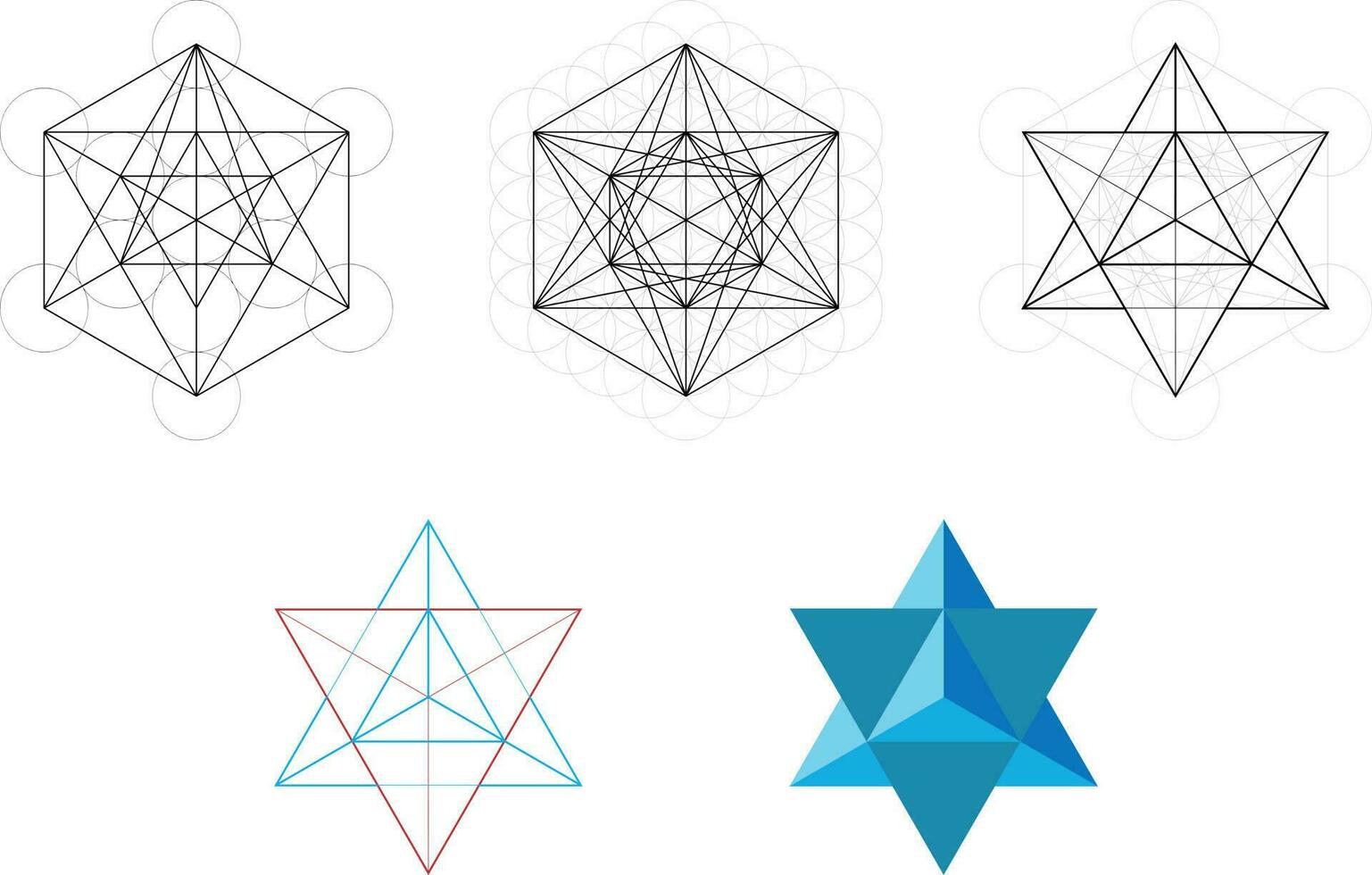 conjunto de geométrico elementos y formas sagrado geometría David estrella desarrollo desde metatrones cubo. vector diseños