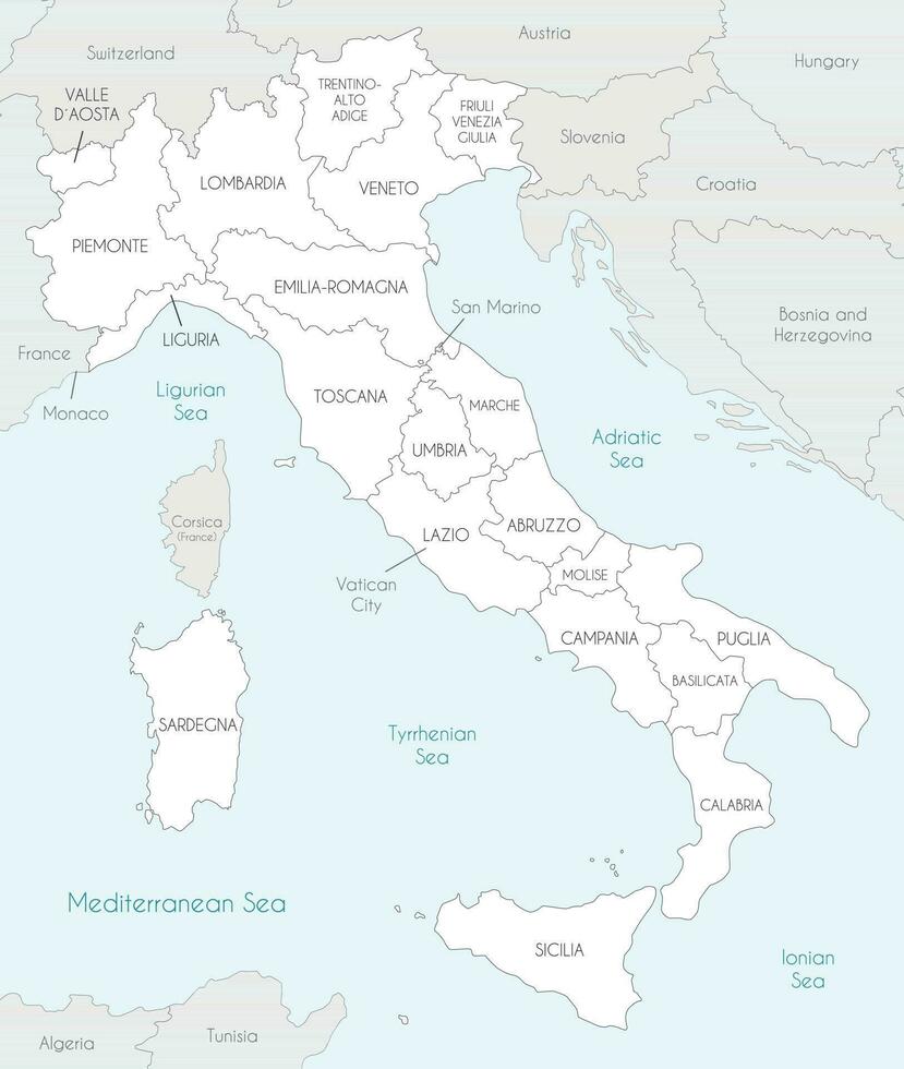 Vector map of Italy with regions and administrative divisions, and neighbouring countries and territories. Editable and clearly labeled layers.