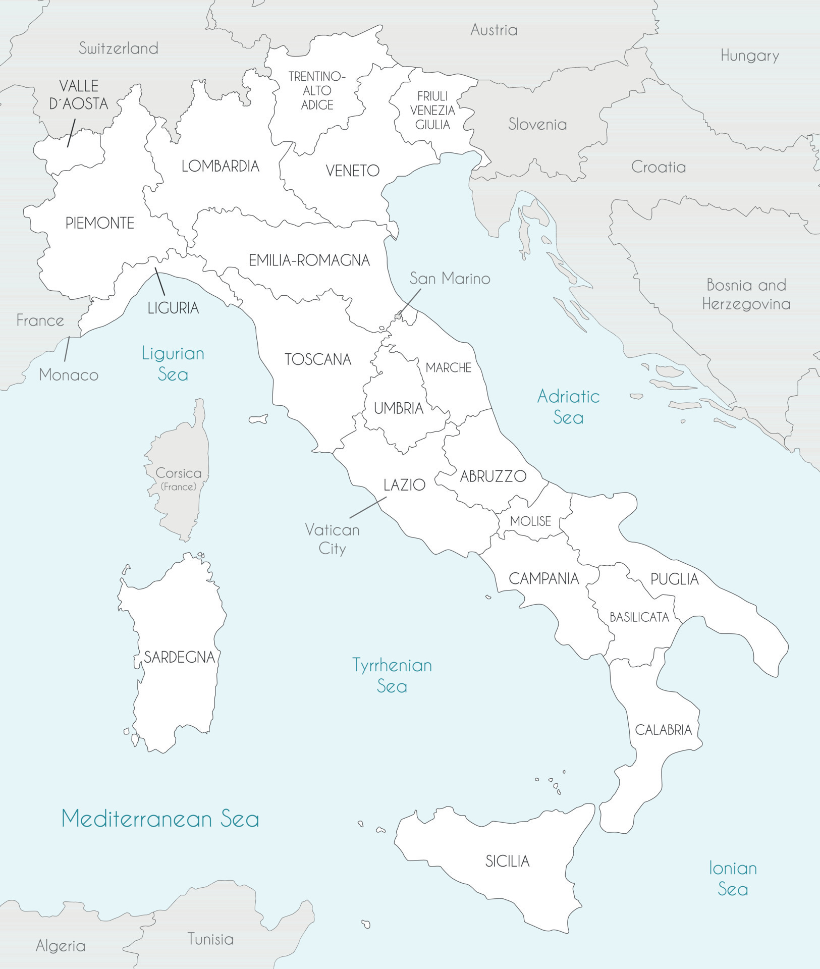 Blank Italy Map Regions Map Of Italy With Regions And Administrative Divisions And Neighbouring Countries And Territories Editable And Clearly Labeled Layers Vector 