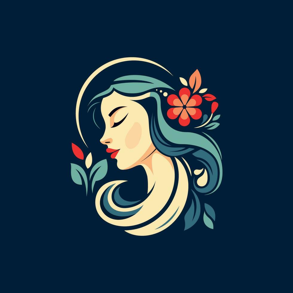 beautiful art nouveau lady with nice hair and flower illustration vector