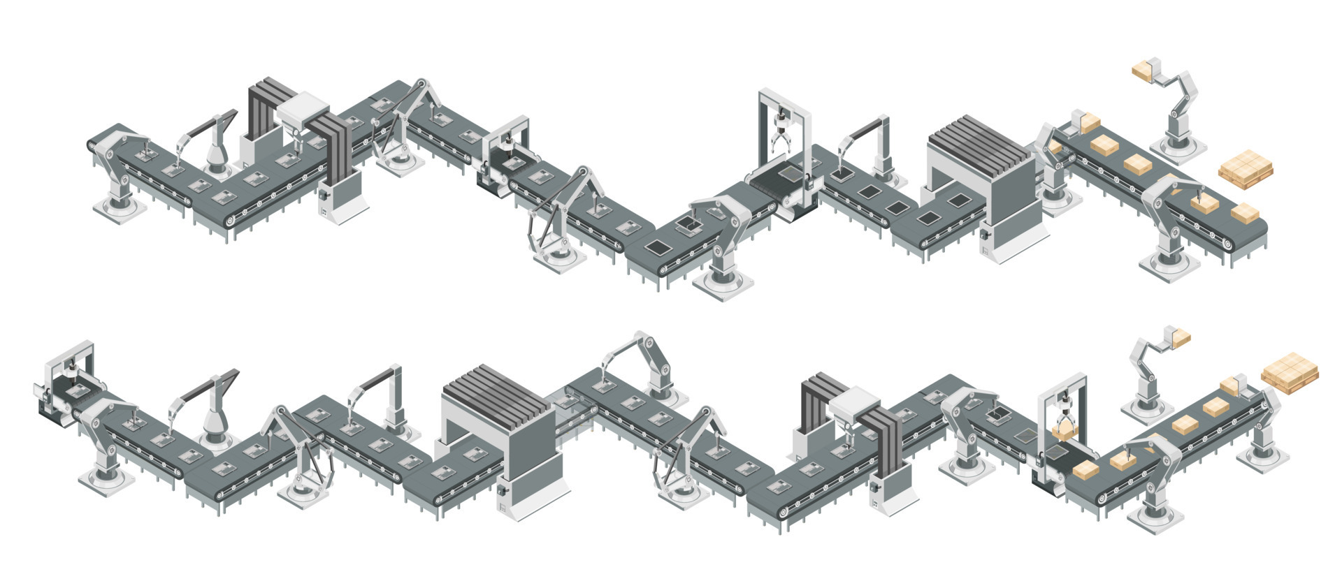 Robotic assembly line with conveyor belt in an automated factory
