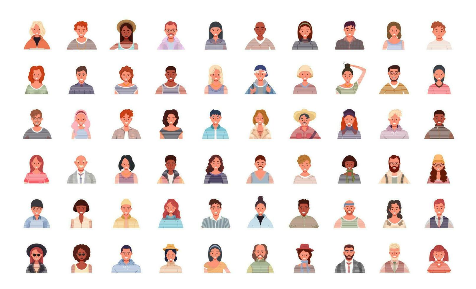 Set of various people avatars. User portraits. Different human face icons. Male and female characters. Smiling men and women. Flat cartoon style vector illustration