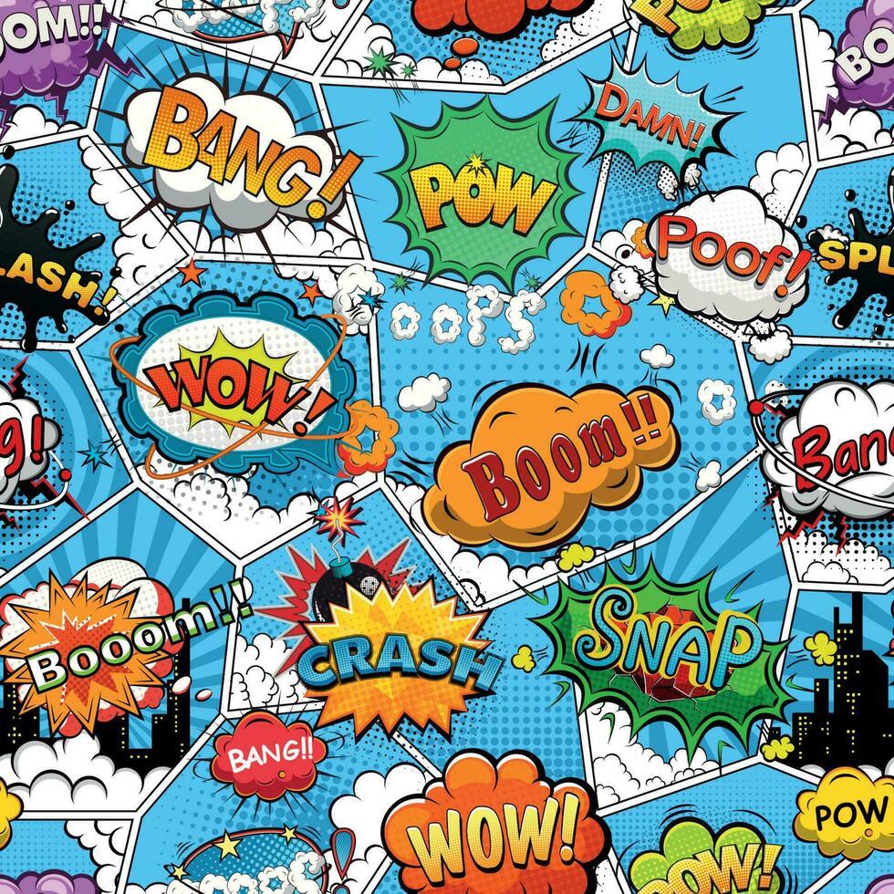 Comic book page divided by lines seamless pattern on blue background with speech bubbles. Vector illustration