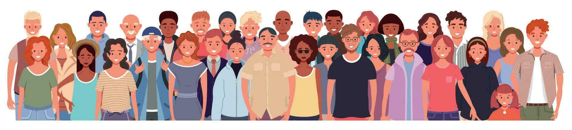 Multinational group of people isolated on white background. Children, adults and teenagers stand together. Vector illustration