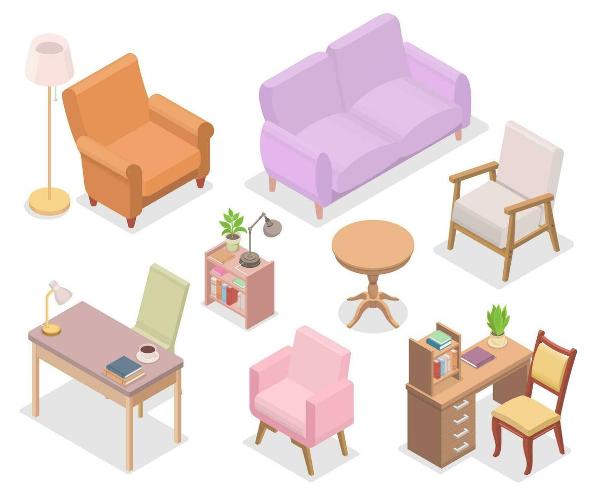 Isometric modern furniture for living room. Domestic and office equipment. Home constructor. Armchair, sofa, coffee table, chair vector illustration