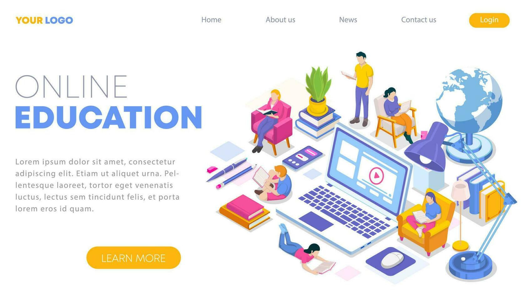 Isometric concept of online education in modern flat design. Landing page template. Training courses, tutorials, lectures. Vector illustration for web banner, infographics, and website.