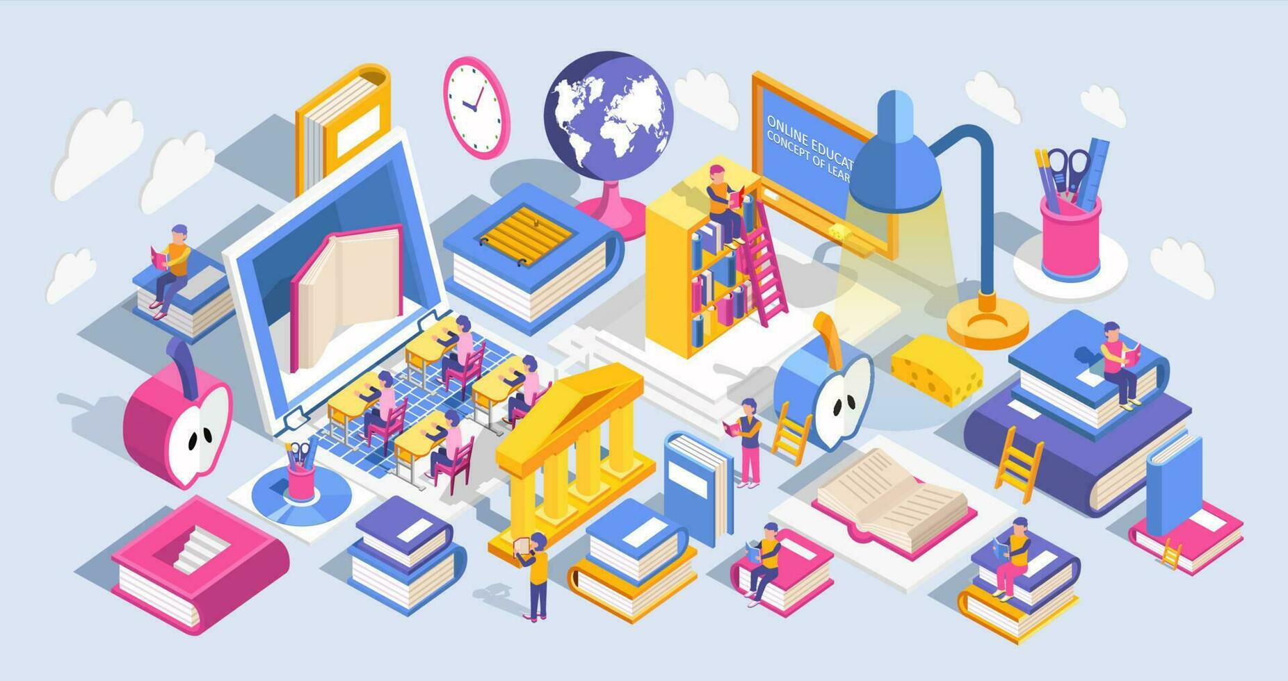 Modern flat design isometric concept of learning and reading books. Online education landing page template. Training courses, tutorials, lectures. Can use for web banner, infographics, and website. vector
