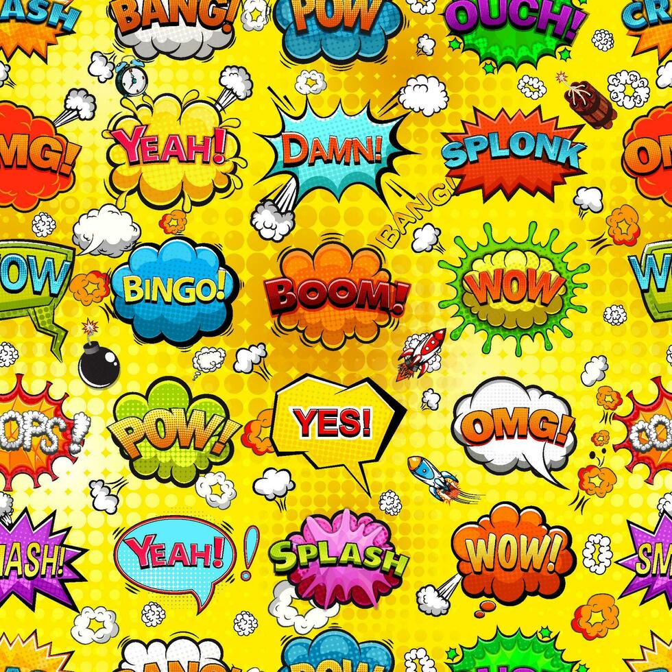 Yellow background with a repeating pattern of comic speech bubbles, vector graphic design