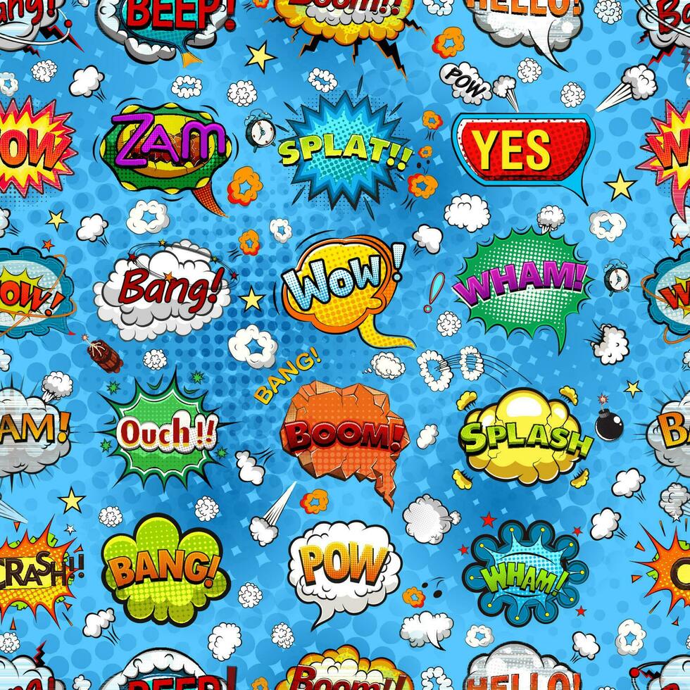 Comic book style speech bubbles seamless pattern on blue background vector illustration