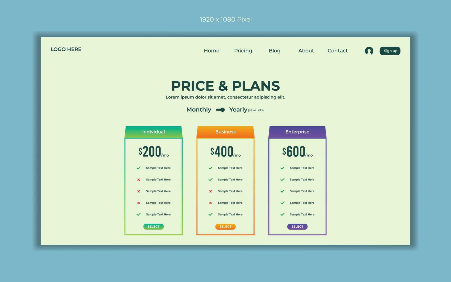 Creative landing page template for pricing plans web elements or user interface design vector