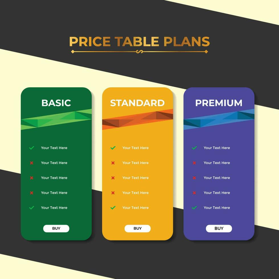 Colorful price table interface template for website or app vector