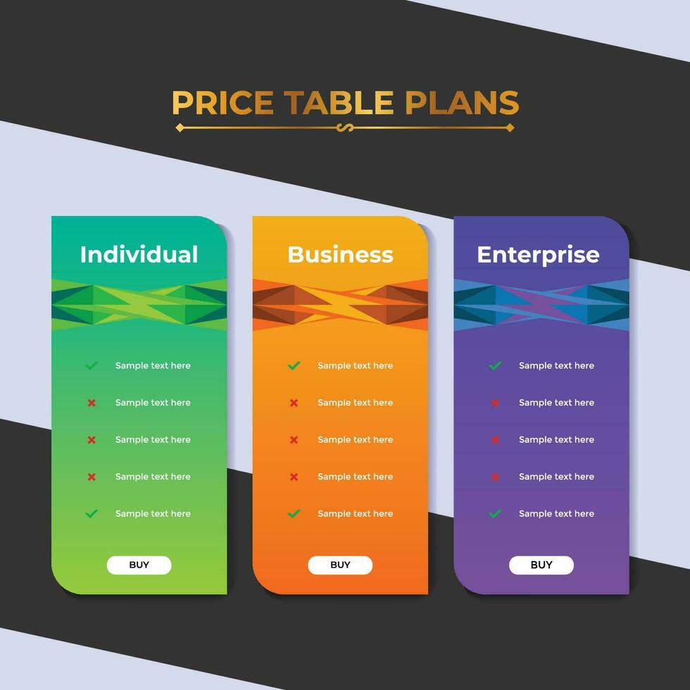 Colorful price table interface template for website or app development vector