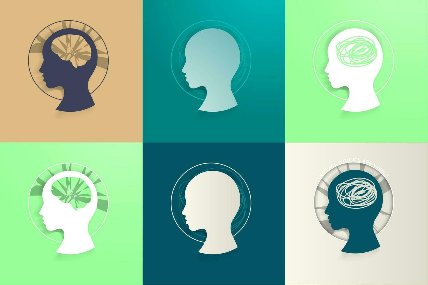 Set of Mental health, intellect, psychiatric icons and logos. Mental health disorder symbolism. Medical logos and icons on colored backgrounds. Minimalist and modern. Editable Vector Illustration. EPS
